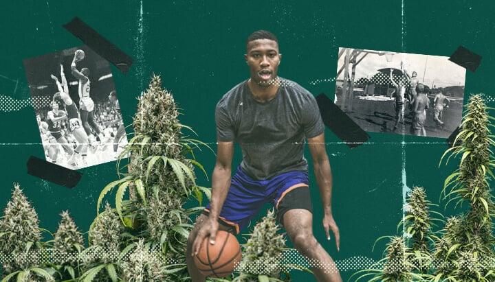 Un grupo de personas jugando al baloncesto mientras están bajo los efectos del cannabis, disfrutando de la intensidad y la diversión del juego, ilustrando la animada atmósfera de los deportes casuales.