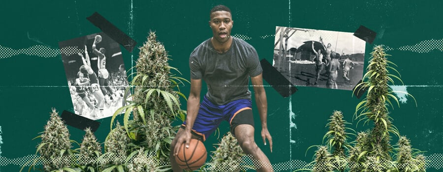 Un grupo de personas jugando al baloncesto mientras están bajo los efectos del cannabis, disfrutando de la intensidad y la diversión del juego, ilustrando la animada atmósfera de los deportes casuales.