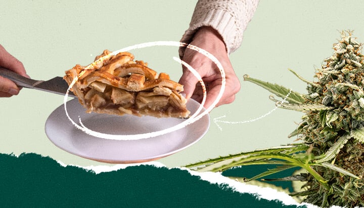 Una persona cortando una rebanada de tarta de manzana, combinada en un collage con una imagen de una planta de cannabis. Representación visual para temas culinarios y cannabis.