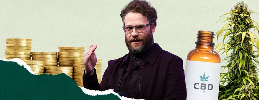 Un collage que destaca a Seth Rogen y la industria del cannabis, con una pila de monedas de oro, una planta de cannabis, Seth Rogen gesticulando y un frasco de aceite de CBD, simbolizando el negocio y la cultura del cannabis.