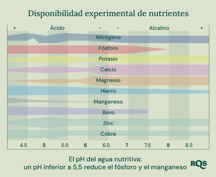 Gráfico de barras que ilustra cómo el pH del suelo afecta la disponibilidad de nutrientes para las plantas. El eje X va de pH 4.5 a 8.5, mientras que el eje Y representa la disponibilidad relativa de nutrientes. Los nutrientes mostrados incluyen nitrógeno, fósforo, potasio, calcio, magnesio, hierro, manganeso, boro, zinc y cobre.