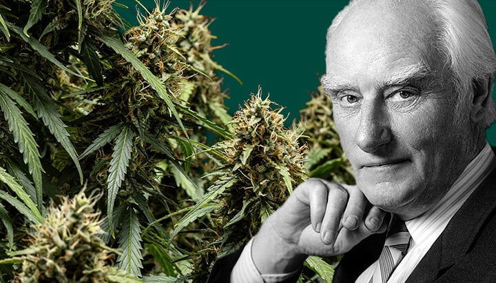 Retrato en blanco y negro de Francis Crick, con la mano en el mentón, con plantas de cannabis a su izquierda y un fondo verde oscuro.