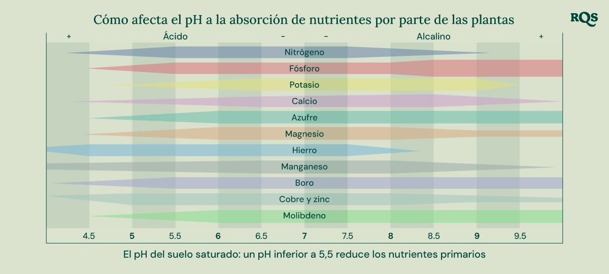 Gráfico de barras que muestra cómo el pH del suelo (de 4.5 a 9.5) impacta la disponibilidad de nutrientes como nitrógeno, fósforo, potasio, calcio, azufre, magnesio, hierro, manganeso, boro, cobre, zinc y molibdeno.