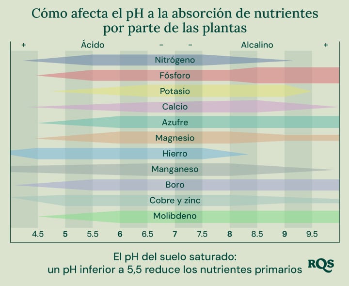 Gráfico de barras que muestra cómo el pH del suelo (de 4.5 a 9.5) impacta la disponibilidad de nutrientes como nitrógeno, fósforo, potasio, calcio, azufre, magnesio, hierro, manganeso, boro, cobre, zinc y molibdeno.