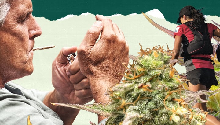 "Un collage de tres imágenes: una con visuales relacionados con el cannabis, otra mostrando a una persona fumando un cigarrillo, y la tercera representando a una persona corriendo, simbolizando estilos de vida y actividades diversas.  "