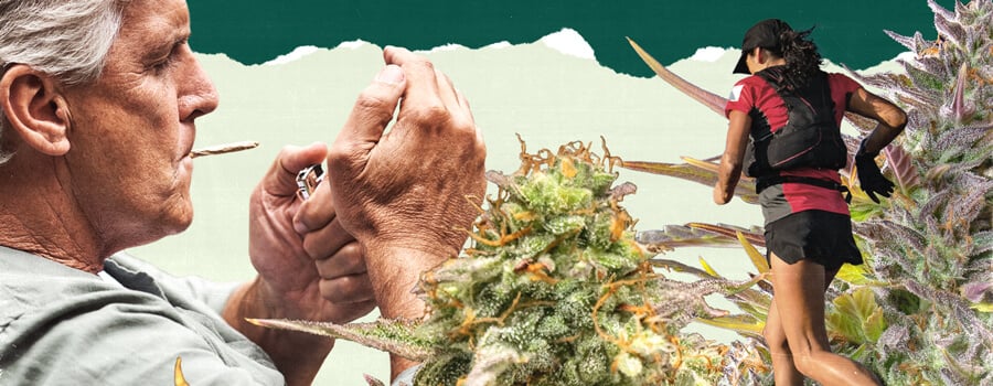 "Un collage de tres imágenes: una con visuales relacionados con el cannabis, otra mostrando a una persona fumando un cigarrillo, y la tercera representando a una persona corriendo, simbolizando estilos de vida y actividades diversas.  "