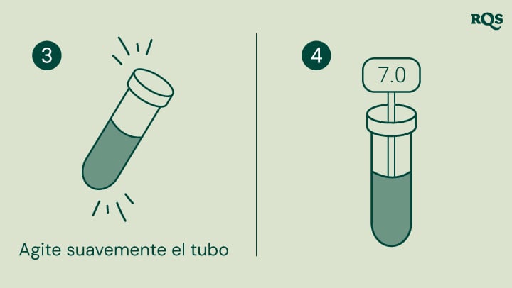 Instrucciones para probar el pH del suelo: agita suavemente el tubo de ensayo y compara el color del líquido con un gráfico para determinar el pH del suelo. La imagen muestra un tubo de ensayo con un pH de 7.0, lo que indica suelo neutro.