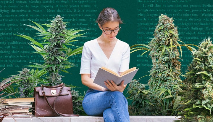 Joven leyendo un libro rodeada de plantas de cannabis exuberantes en un jardín vibrante, destacando la relajación y la naturaleza.