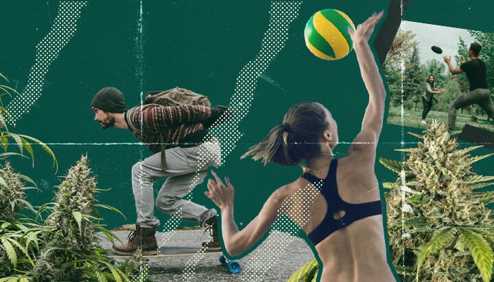 Un collage de personas disfrutando del Ultimate Frisbee, el voleibol de playa y el longboard mientras están bajo los efectos del cannabis, mostrando la diversión y las risas de practicar deportes mientras se está colocado.