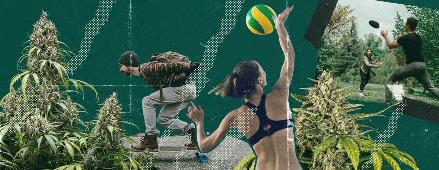 Un collage de personas disfrutando del Ultimate Frisbee, el voleibol de playa y el longboard mientras están bajo los efectos del cannabis, mostrando la diversión y las risas de practicar deportes mientras se está colocado.