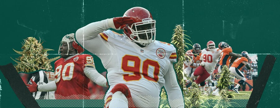 Un collage de Shaun Smith, exjugador de los Dallas Cowboys, rodeado de plantas de marihuana. La imagen destaca la conexión entre el uso de cannabis y el rendimiento deportivo.