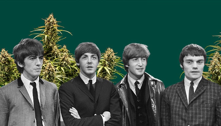 Foto en blanco y negro de The Beatles, con los cuatro miembros, plantas de cannabis en el fondo y un fondo verde oscuro, destacando la escena icónica.