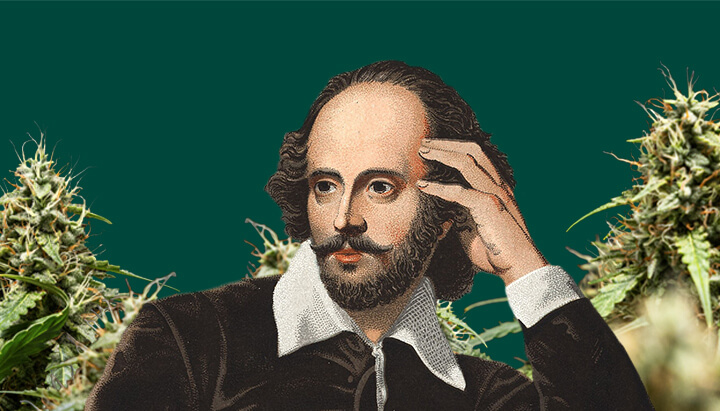 Retrato de William Shakespeare, con la mano en la sien, rodeado de plantas de cannabis exuberantes sobre un fondo verde oscuro.