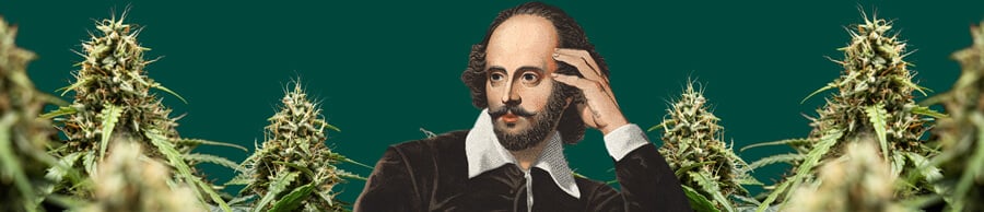 Retrato de William Shakespeare, con la mano en la sien, rodeado de plantas de cannabis exuberantes sobre un fondo verde oscuro.