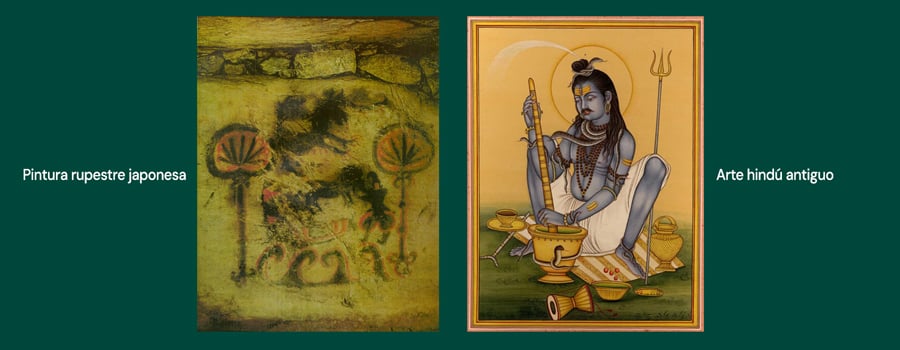 Comparación lado a lado: una pintura rupestre descolorida de una figura con árboles y una representación moderna y vibrante de Shiva sosteniendo un tridente y un bastón.