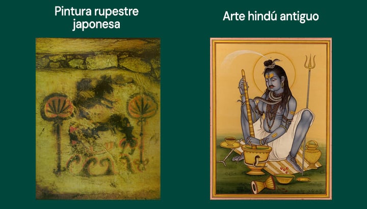 Comparación lado a lado: una pintura rupestre descolorida de una figura con árboles y una representación moderna y vibrante de Shiva sosteniendo un tridente y un bastón.