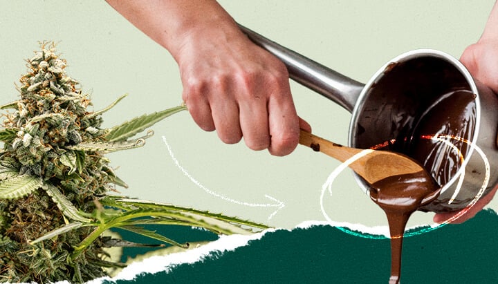 Una persona removiendo una olla de chocolate derretido, collage con una imagen de una planta de cannabis para contraste visual.