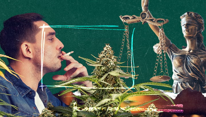 Collage digital de un hombre fumando un porro, plantas de cannabis y la Dama de la Justicia sosteniendo una balanza, simbolizando las leyes sobre el cannabis. Fondo texturizado verde con acentos de estilo neón.