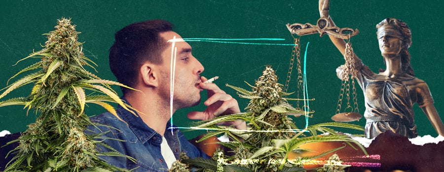 Collage digital de un hombre fumando un porro, plantas de cannabis y la Dama de la Justicia sosteniendo una balanza, simbolizando las leyes sobre el cannabis. Fondo texturizado verde con acentos de estilo neón.