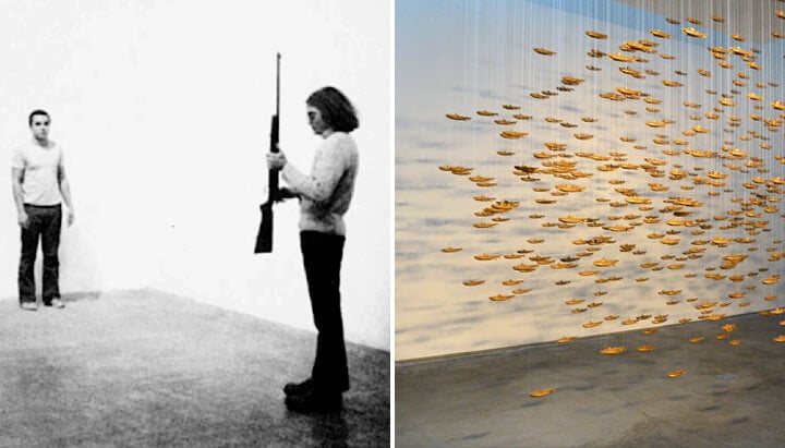 Foto en blanco y negro de un hombre sosteniendo un rifle frente a otro hombre, junto a una imagen de una habitación con barcos dorados colgando del techo.