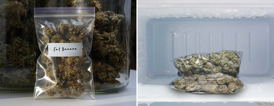 Dos imágenes mostrando el almacenamiento de cannabis. A la izquierda, una bolsa transparente etiquetada 