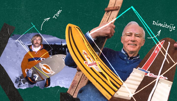 Collage histórico que muestra la evolución del snowboard, desde sus humildes comienzos con el Snurfer hasta convertirse en un deporte olímpico. Se aprecian diseños de tablas antiguas y la evolución de las fijaciones.