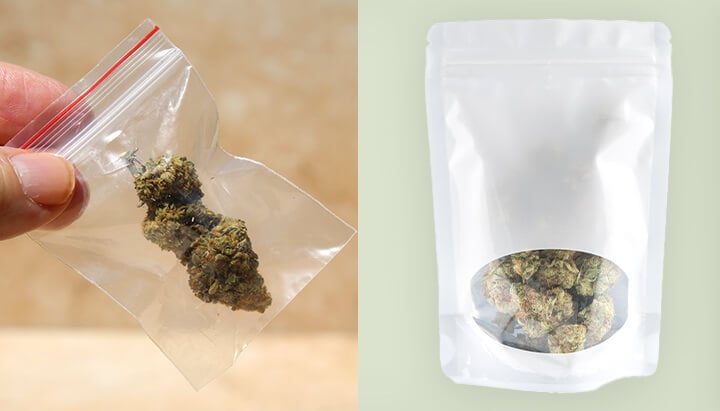 Comparación del empaquetado de cannabis: una bolsa de plástico transparente y una bolsa de Mylar moderna. Destaca la evolución del empaquetado del cannabis, desde métodos simples hasta soluciones avanzadas de conservación.