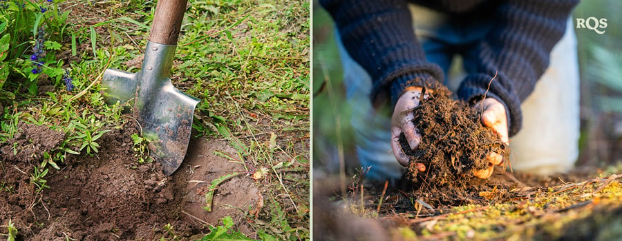 Comparación de métodos de jardinería: Imagen izquierda de jardinería intensiva en un entorno estructurado, imagen derecha de jardinería extensiva en campo abierto.