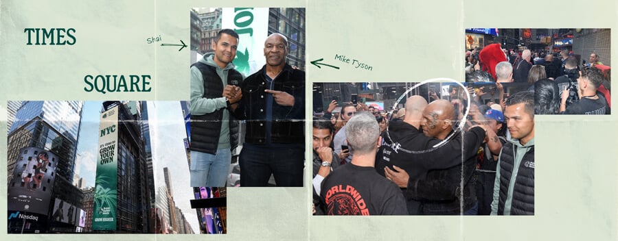 "Un collage de fotos relacionadas con Times Square en Nueva York, que incluye el famoso cartel de Times Square, una foto de Mike Tyson y fotos de personas disfrutando del bullicio de Times Square.  "