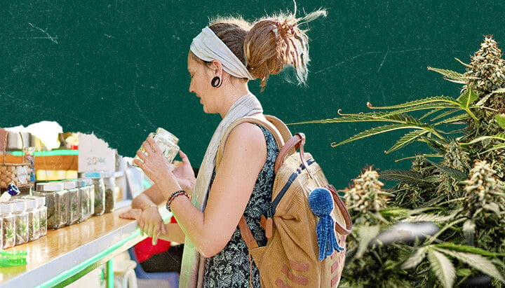 Collage de una mujer con rastas sosteniendo un frasco en un dispensario de cannabis. Fondo verde oscuro con plantas de marihuana visibles a la derecha.