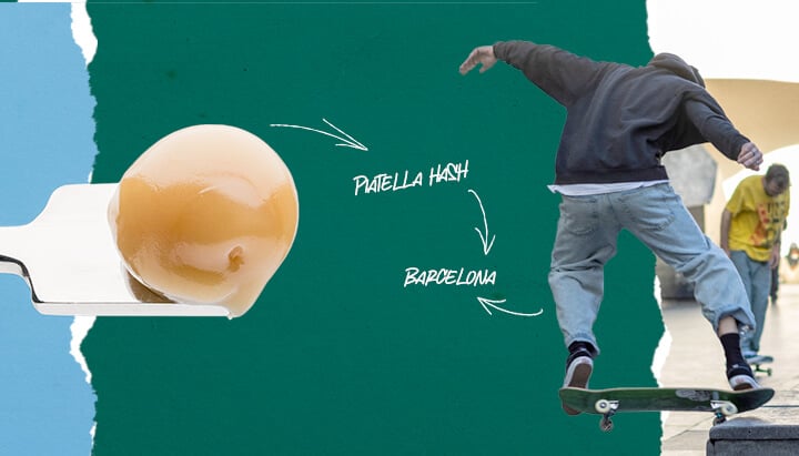 Collage mostrando una slab de hachís en una espátula metálica a la izquierda, y un skater realizando un truco en Barcelona a la derecha.