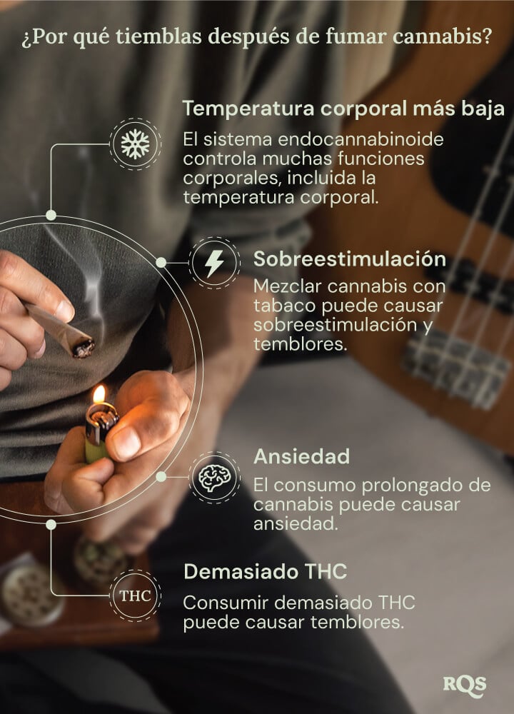 Un gráfico detallado que muestra los posibles efectos secundarios del consumo de cannabis. Visuales informativos explican cómo factores como los niveles de THC, la ansiedad y la temperatura corporal contribuyen a estas reacciones físicas.